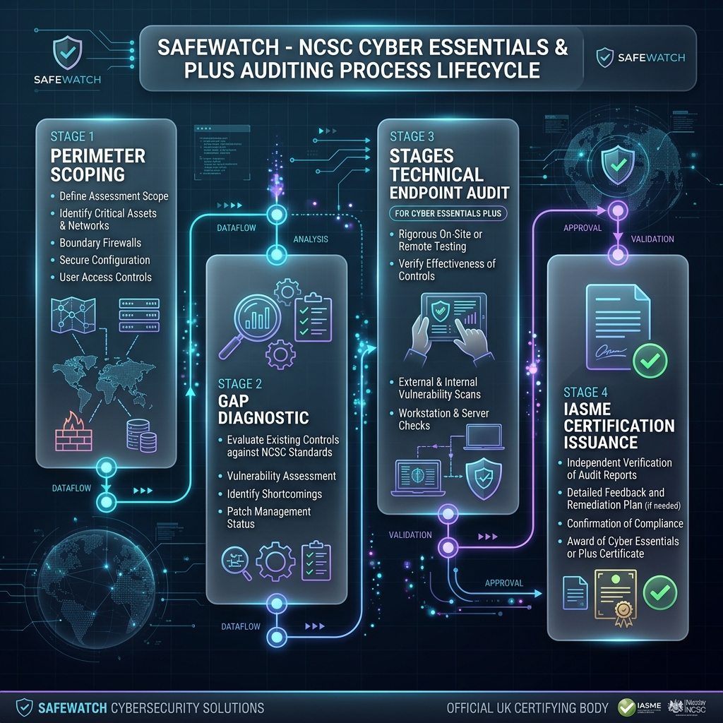 SafeWatch Cyber Essentials Auditing Process Infographic