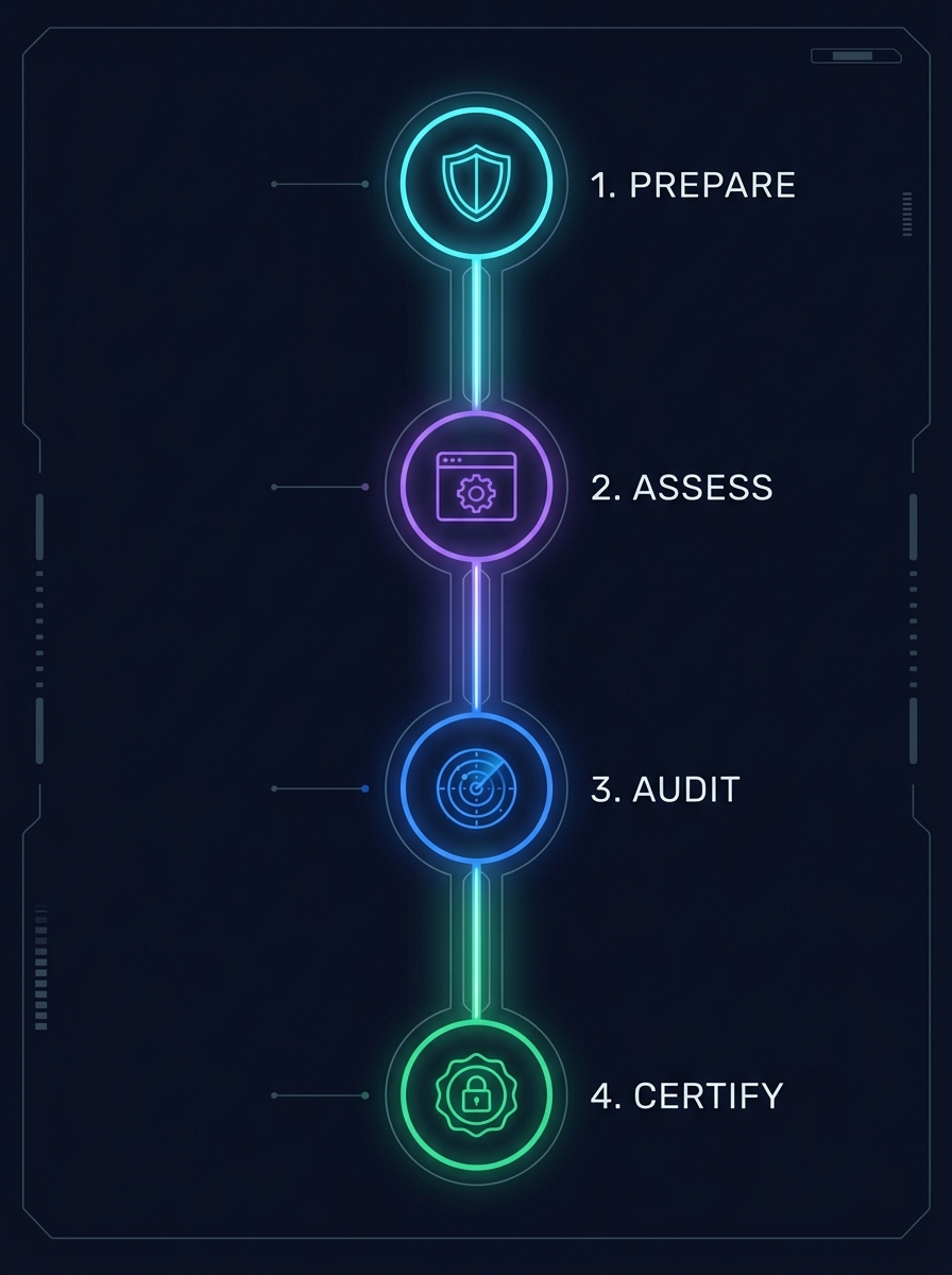 Cyber Essentials 4-Step Pathway: 1. Prepare, 2. Assess, 3. Audit, 4. Certify