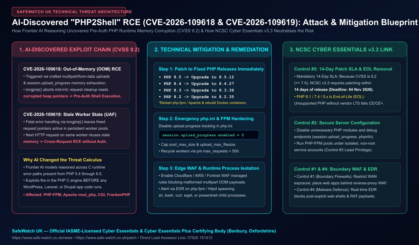 PHP2Shell CVE-2026-109618 and CVE-2026-109619 Attack Chain, php.ini Mitigation Guide, and NCSC Cyber Essentials Mapping